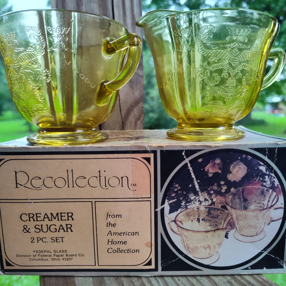 Vintage Recollection Brand Yellow Glass Creamer and Sugar Set